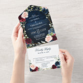 Burgundy Navy Blush Floral Gold Geometric Wedding All In One Einladung (Abreißen)
