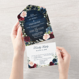 Burgundy Navy Blush Floral Gold Geometric Wedding All In One Einladung
