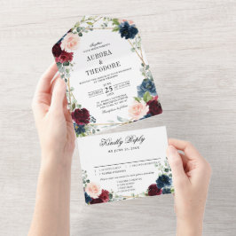 Burgundy Navy Blush Floral Gold Geometric Wedding All In One Einladung