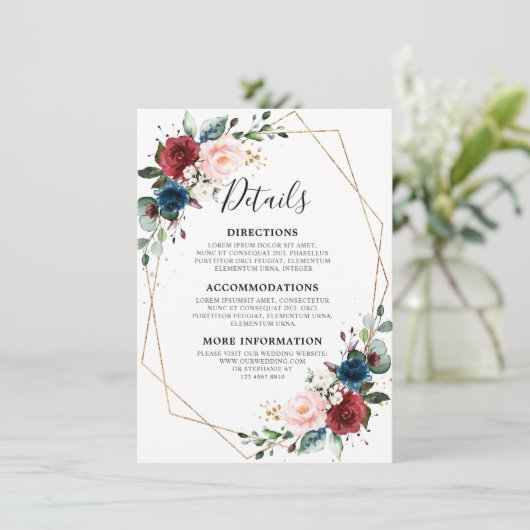 Burgundy Navy Blush Floral Gold Geometric Wedding Begleitkarte (Stehend Vorderseite)