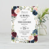 Burgundy Navy Blush Floral Gold Geometric Wedding Einladung (Stehend Vorderseite)