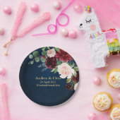 Burgundy Navy Blush Floral Gold Geometric Wedding Pappteller (Party)