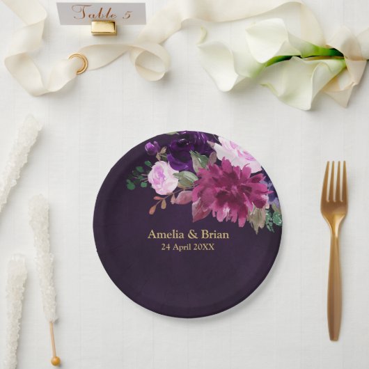 Burgundy Navy Blush Floral Gold Geometric Wedding Pappteller (Hochzeit)