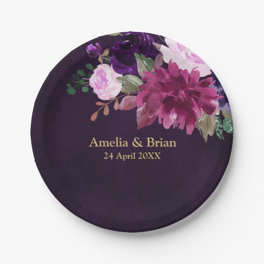 Burgundy Navy Blush Floral Gold Geometric Wedding Pappteller (Vorderseite)