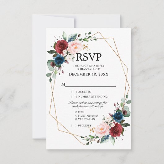 Burgundy Navy Blush Floral Gold Geometric Wedding RSVP Karte (Vorderseite)