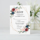 Burgundy Navy Blush Floral Gold Geometric Wedding RSVP Karte (Stehend Vorderseite)