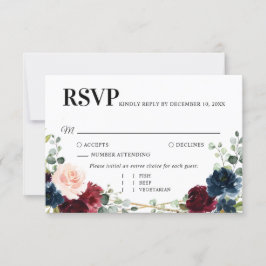 Burgundy Navy Blush Floral Gold Geometric Wedding RSVP Karte