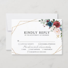 Burgundy Navy Blush Floral Gold Geometric Wedding RSVP Karte