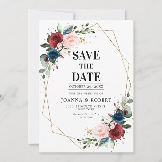 Burgundy Navy Blush Floral Gold Geometric Wedding Save The Date (Vorderseite)