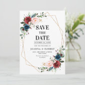 Burgundy Navy Blush Floral Gold Geometric Wedding Save The Date (Stehend Vorderseite)
