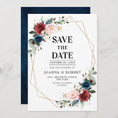 Burgundy Navy Blush Floral Gold Geometric Wedding Save The Date (Vorne/Hinten)