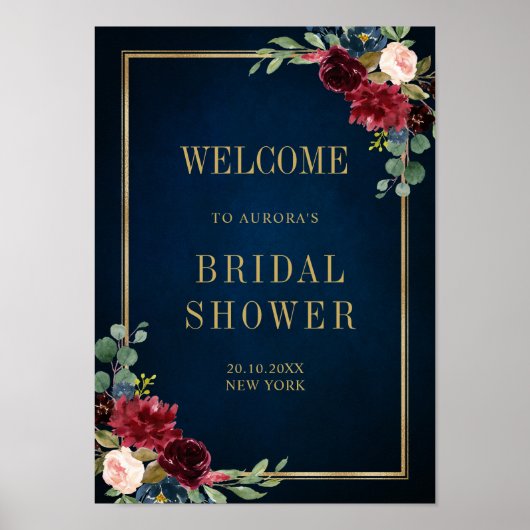Burgundy Navy Blush Floral Gold Geometric Welcome Poster (Vorne)
