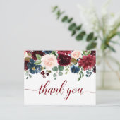 Burgundy Navy Blush Floral Vielen Dank Postkarte (Stehend Vorderseite)