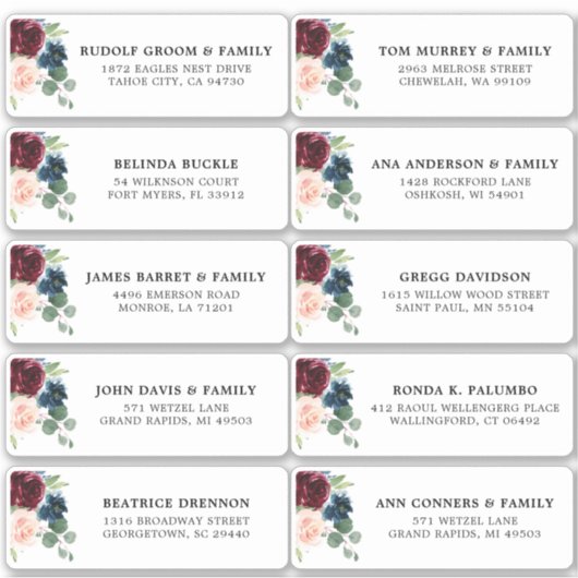 Burgundy Navy Blush Floral Wedding Guest Address Aufkleber (Vorderseite)