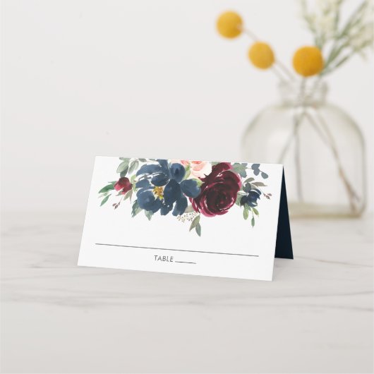 Burgundy Navy Blush Floral Wedname Platzkarte (Vorderseite)