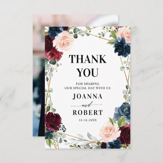 Burgundy Navy Blush Foto Dankeskarte (Vorne/Hinten)