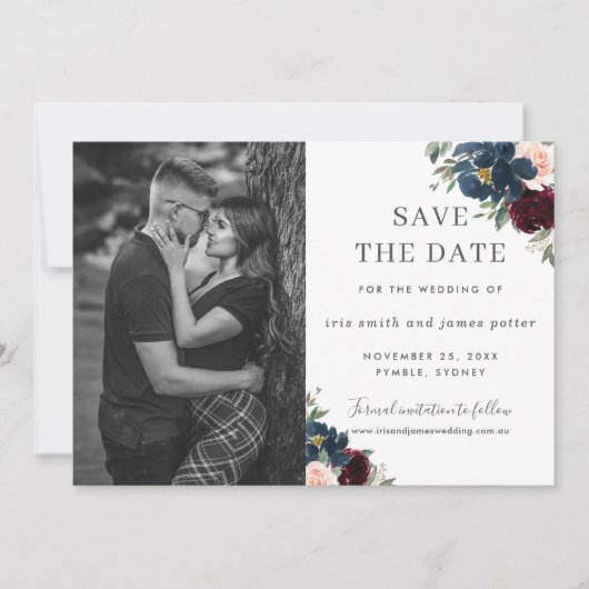 Burgundy Navy Blush Foto Save the Date Einladung (Vorderseite)