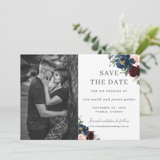 Burgundy Navy Blush Foto Save the Date Einladung (Stehend Vorderseite)