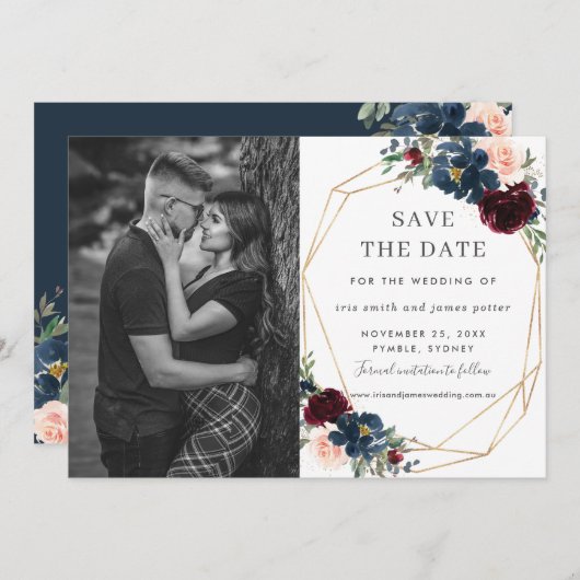 Burgundy Navy Blush Foto Save the Date Einladung (Vorne/Hinten)