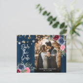 Burgundy Navy Blush Foto Save the Date Postkarte (Stehend Vorderseite)