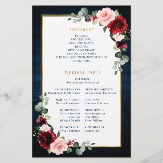 Burgundy Navy Blush Geometric Wedding Program (Rückseite)