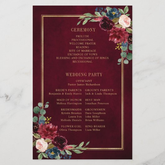 Burgundy Navy Blush Geometric Wedding Program (Rückseite)