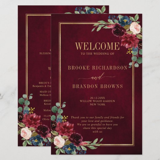 Burgundy Navy Blush Geometric Wedding Program (Vorne/Hinten)