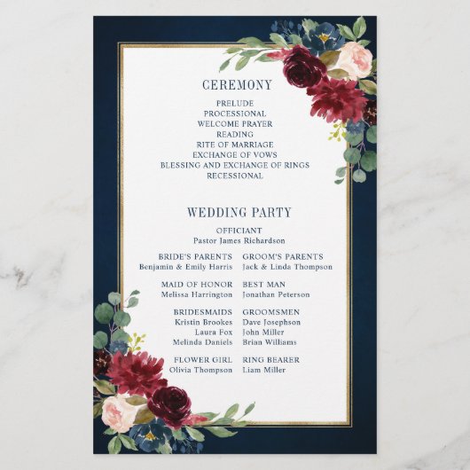 Burgundy Navy Blush Geometric Wedding Program (Rückseite)