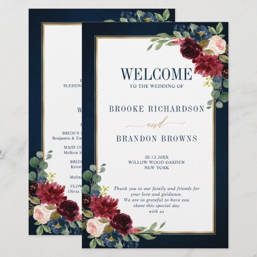 Burgundy Navy Blush Geometric Wedding Program (Vorne/Hinten)