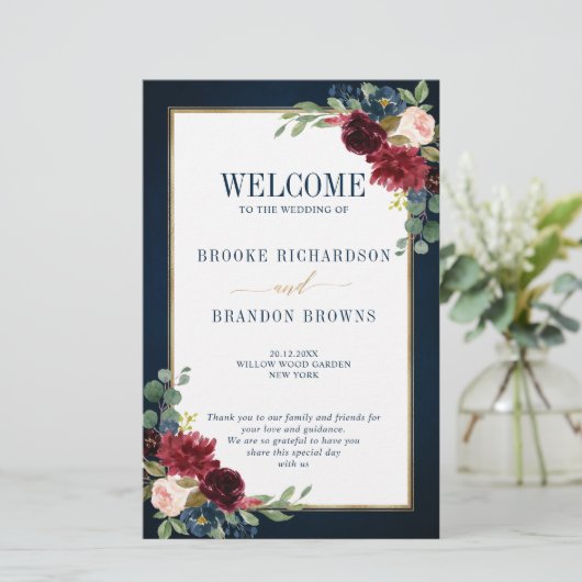 Burgundy Navy Blush Geometric Wedding Program (Stehend Vorderseite)