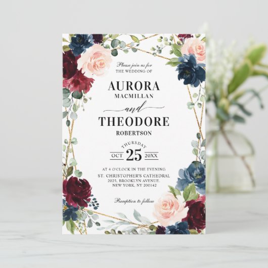 Burgundy Navy Blush Gold Geometric Details Hochzei Einladung (Stehend Vorderseite)