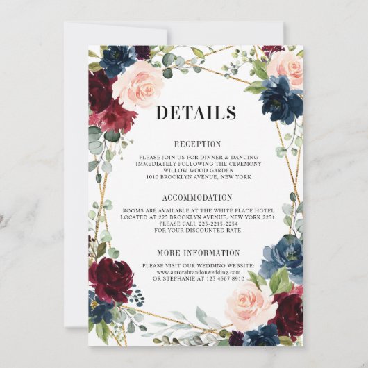 Burgundy Navy Blush Gold Geometric Details Hochzei Einladung (Rückseite)