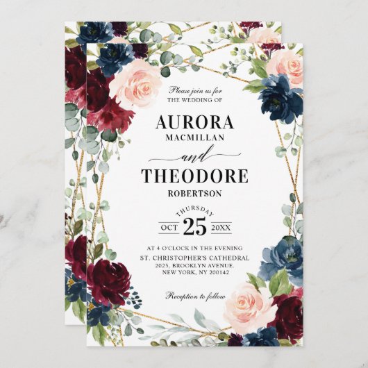 Burgundy Navy Blush Gold Geometric Details Hochzei Einladung (Vorne/Hinten)