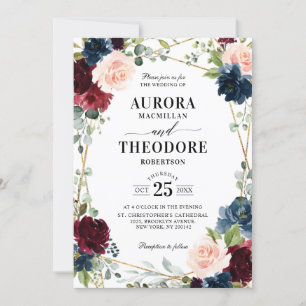 Burgundy Navy Blush Gold Geometric Details Hochzei Einladung