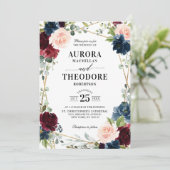 Burgundy Navy Blush Gold Geometric QR Code Wedding Einladung (Stehend Vorderseite)