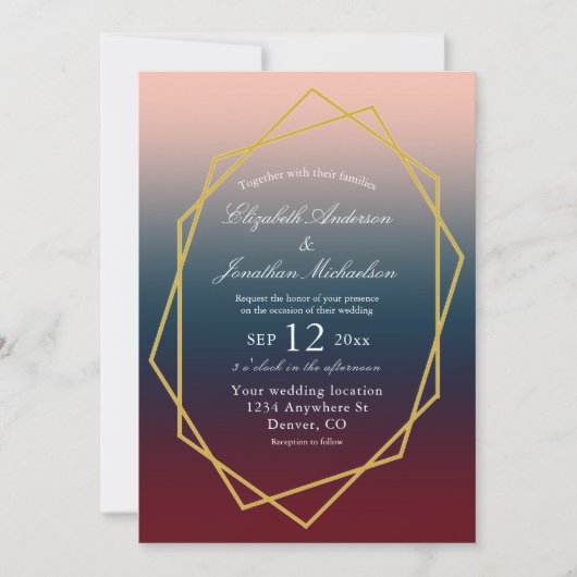 Burgundy Navy Blush Ombre Geometric Wedding Einladung (Vorderseite)