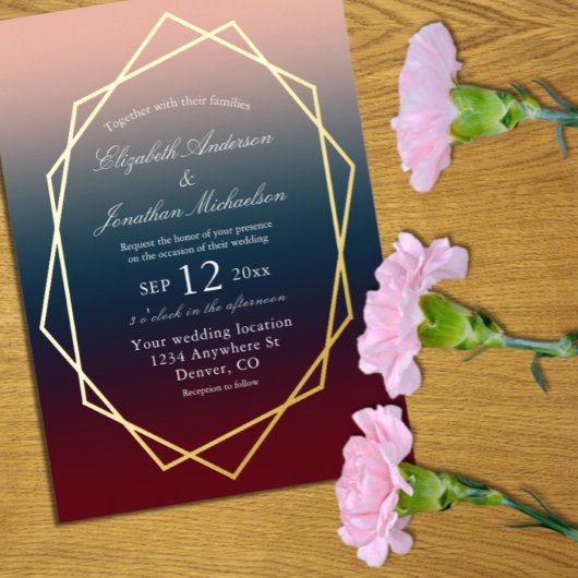 Burgundy Navy Blush Ombre Geometric Wedding Folieneinladung