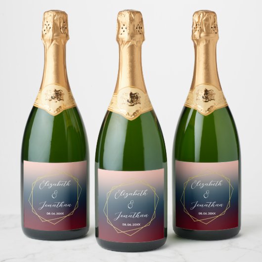 Burgundy Navy Blush Ombre Geometric Wedding Schaumweinetikett (Flaschen)