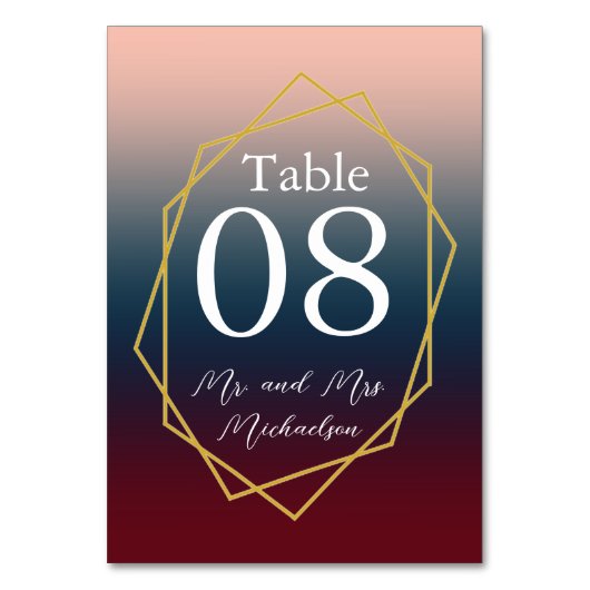 Burgundy Navy Blush Ombre Geometric Wedding Tischnummer (Vorderseite)