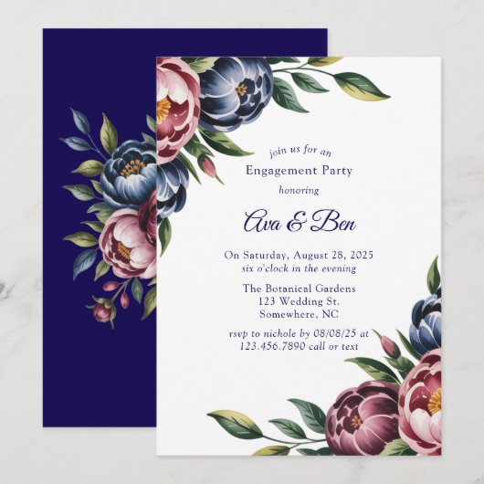 Burgundy Navy Blush Peony Engagement Party Einladung (Vorne/Hinten)