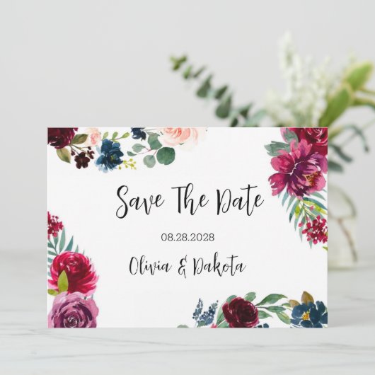 Burgundy Navy Blush Peony Speichern Sie die Datums Einladung (Stehend Vorderseite)