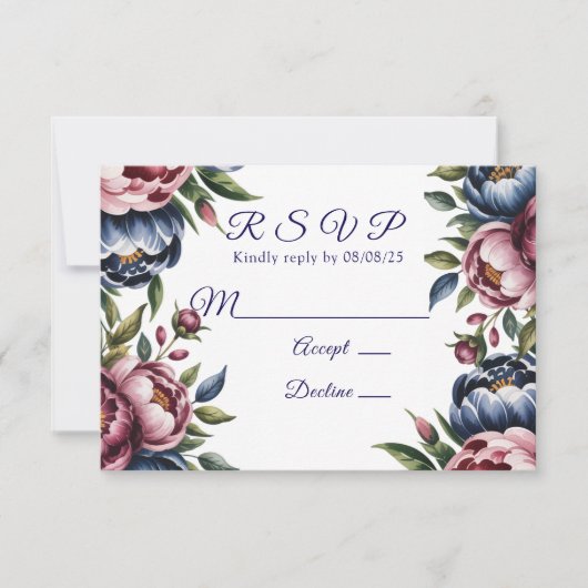 Burgundy Navy Blush Peony Wedding RSVP Karte (Vorderseite)