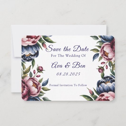 Burgundy Navy Blush Peony Wedding Save The Date (Vorderseite)