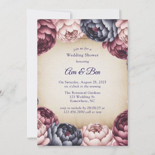 Burgundy Navy Blush Peony Wedding Shower Einladung (Vorderseite)