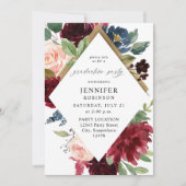 Burgundy Navy & Blush Pink Floral Graduation Party Einladung (Vorderseite)
