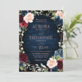 Burgundy Navy Blush Rose Goldene Hochzeit Einladung (Stehend Vorderseite)