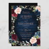Burgundy Navy Blush Rose Goldene Hochzeit Einladung (Vorne/Hinten)