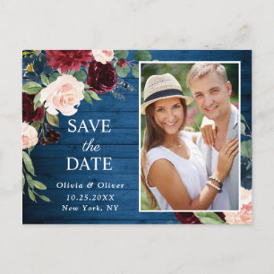 Burgundy Navy Blush Wedding speichern das Datum Postkarte