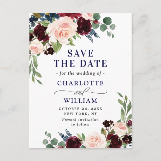 Burgundy Navy Blush Wedding speichern das Datum Postkarte (Vorderseite)