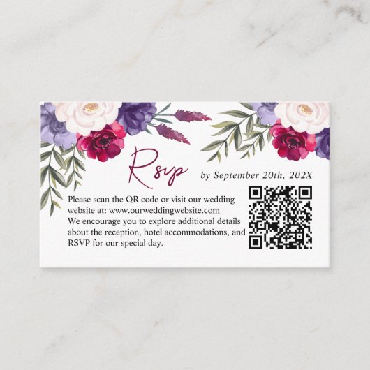 Burgundy Navy Blush Wedding Website UAWG QR Code Begleitkarte (Vorderseite)